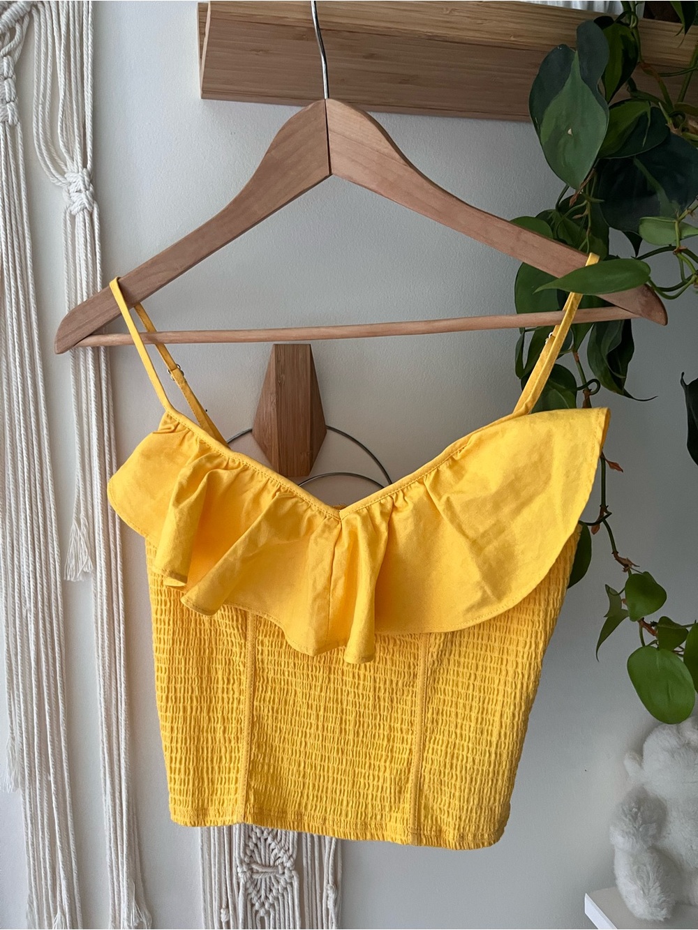 GUESS S/XS Yellow Smocked Cami with Ruffle Trim